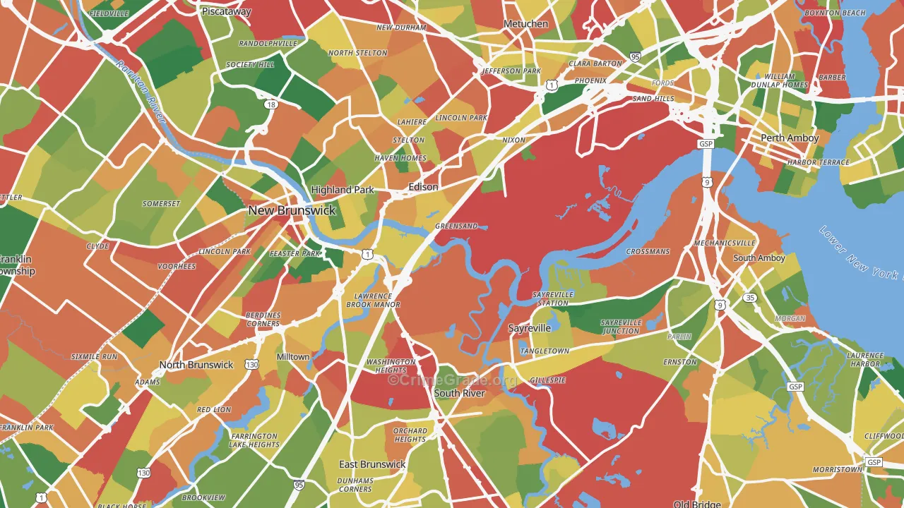 Middlesex County, NJ Map of Theft Rates
