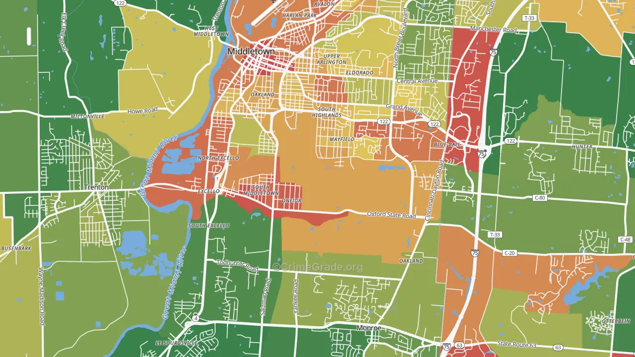 Middletown, OH Map of Theft Rates