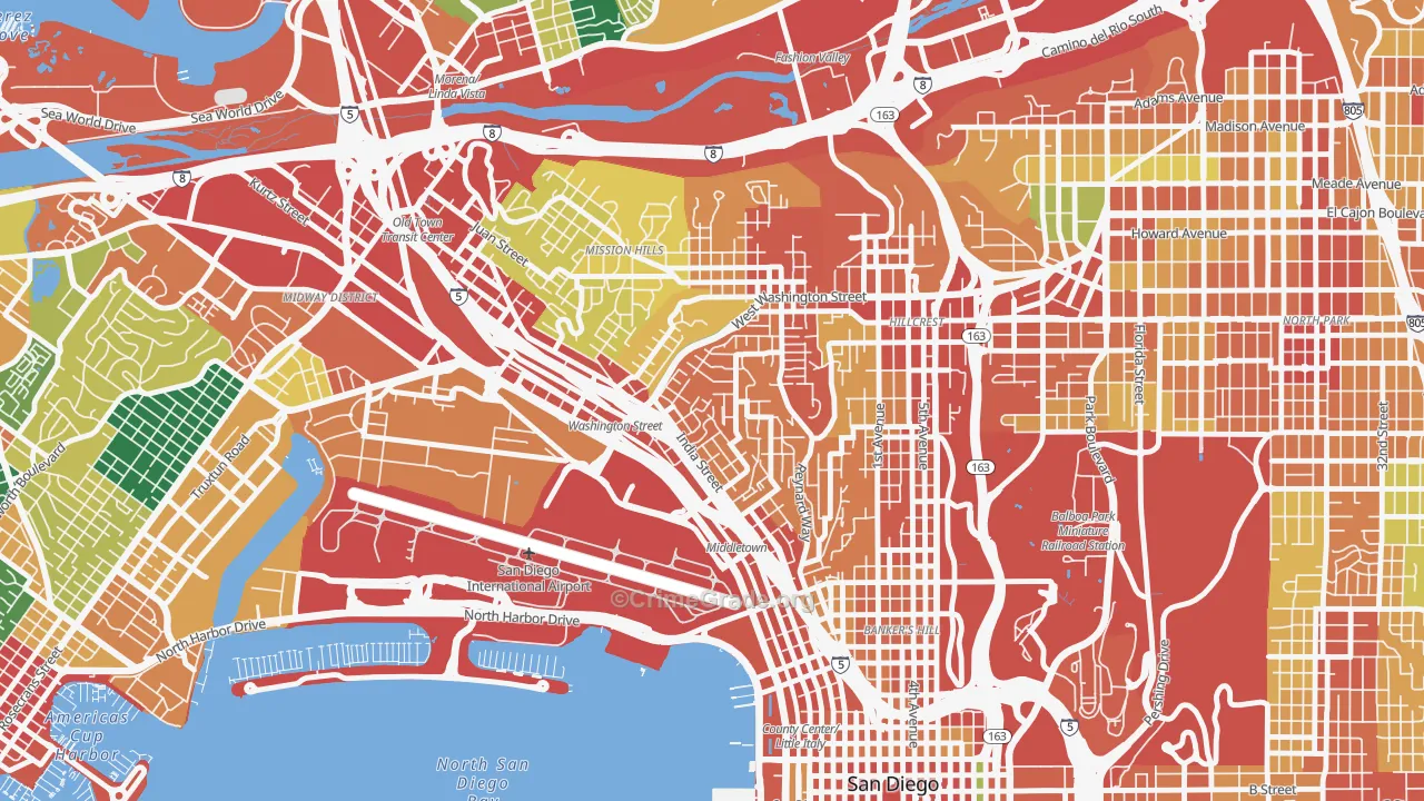Middletown, San Diego, CA Map of Theft Rates
