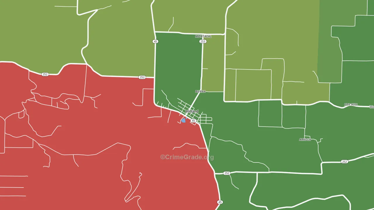 Midland, AR Map of Theft Rates