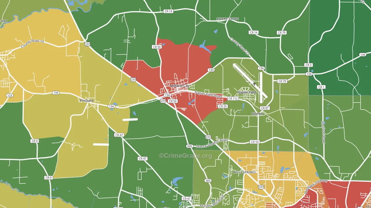Midland City, AL Map of Theft Rates