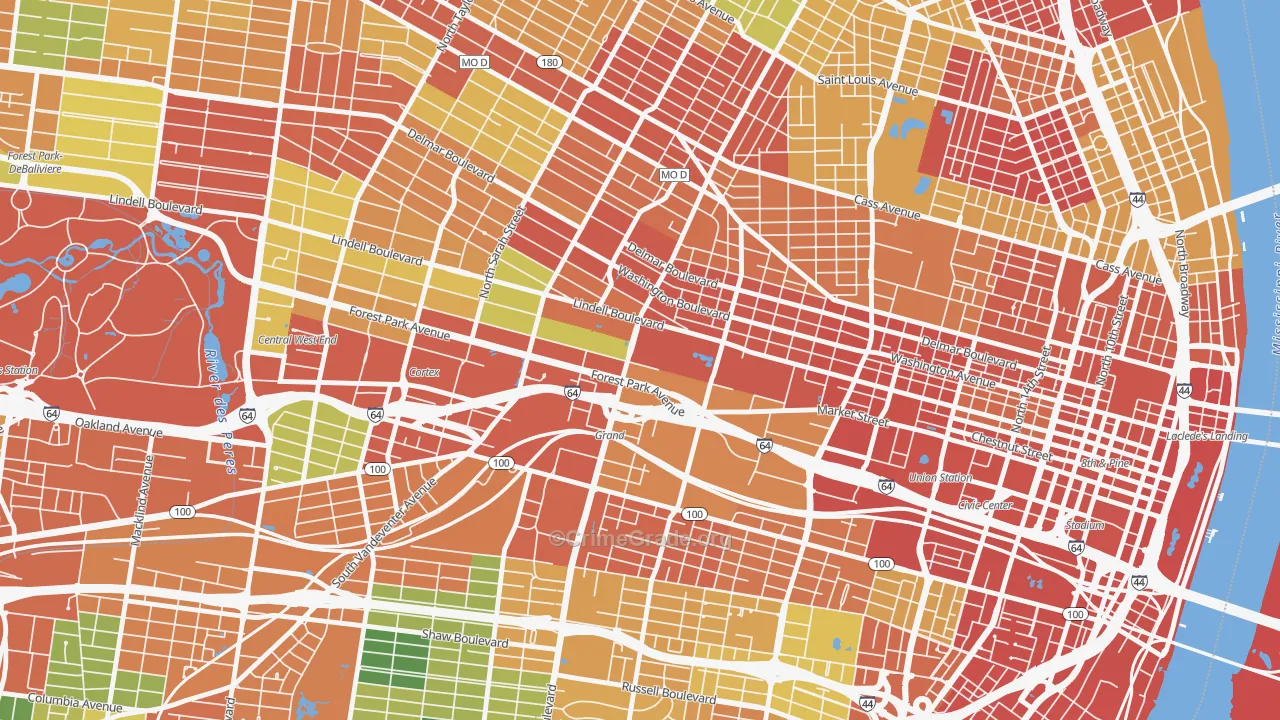 Midtown St. Louis, St. Louis, MO Map of Theft Rates