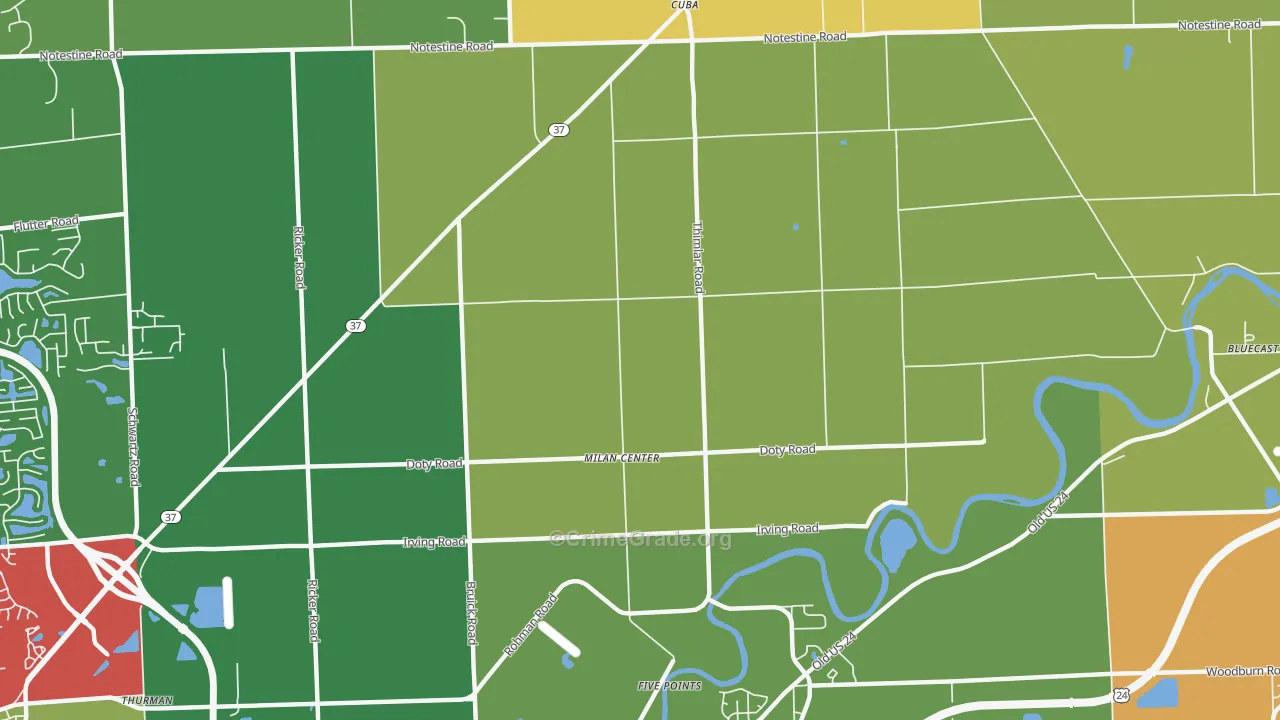 Milan Center, IN Map of Theft Rates