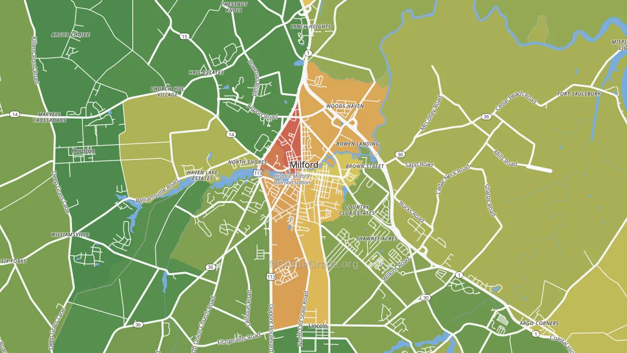 Milford, DE Map of Theft Rates