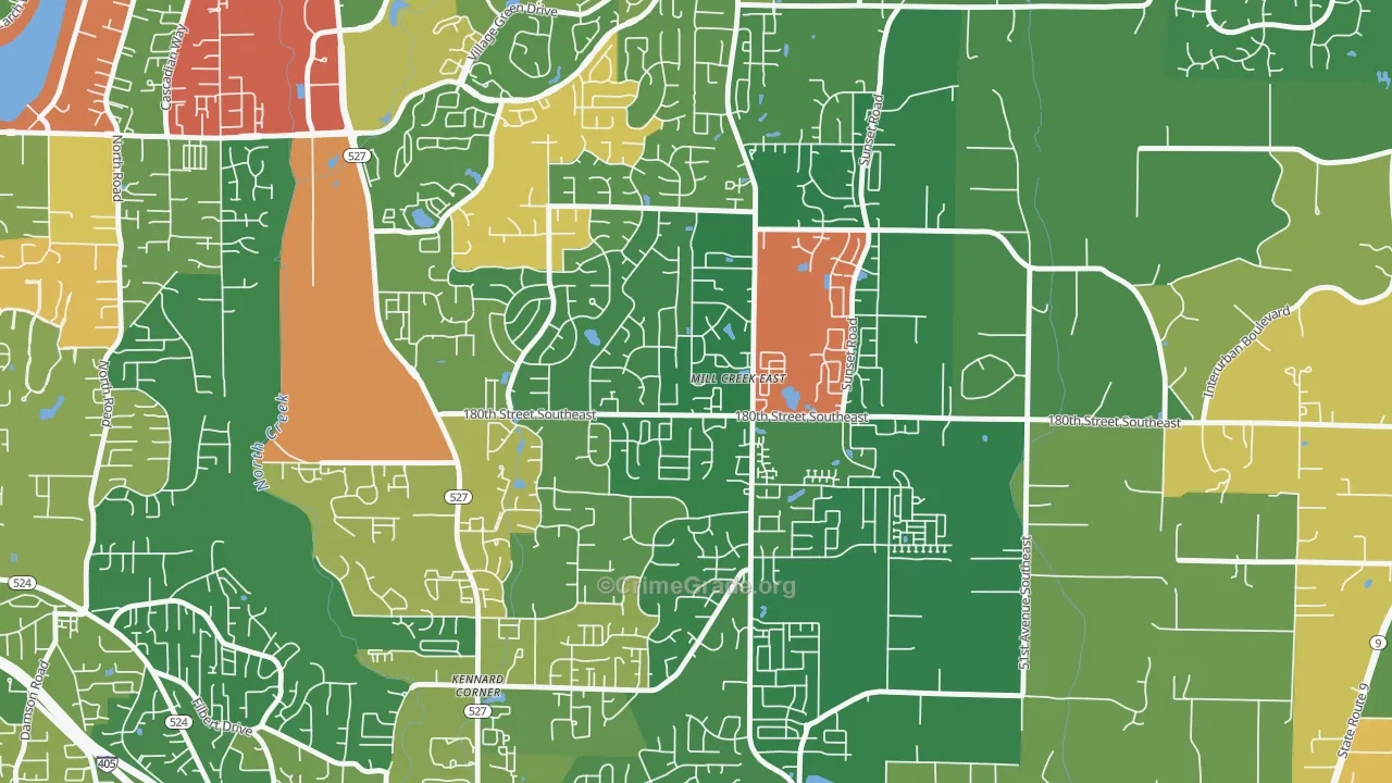 Mill Creek East, WA Map of Theft Rates