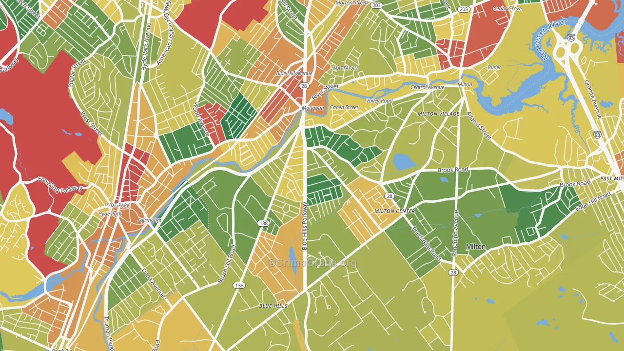 Milton Upper Mills, Milton, MA Map of Theft Rates