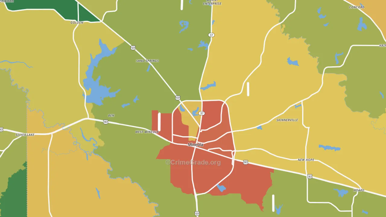 Mineola, TX Map of Theft Rates