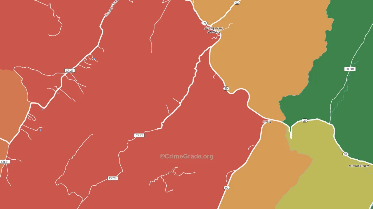 Minnehaha Springs, WV Map of Theft Rates