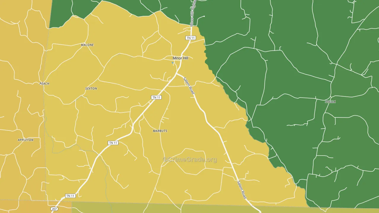 Minor Hill, TN Map of Theft Rates