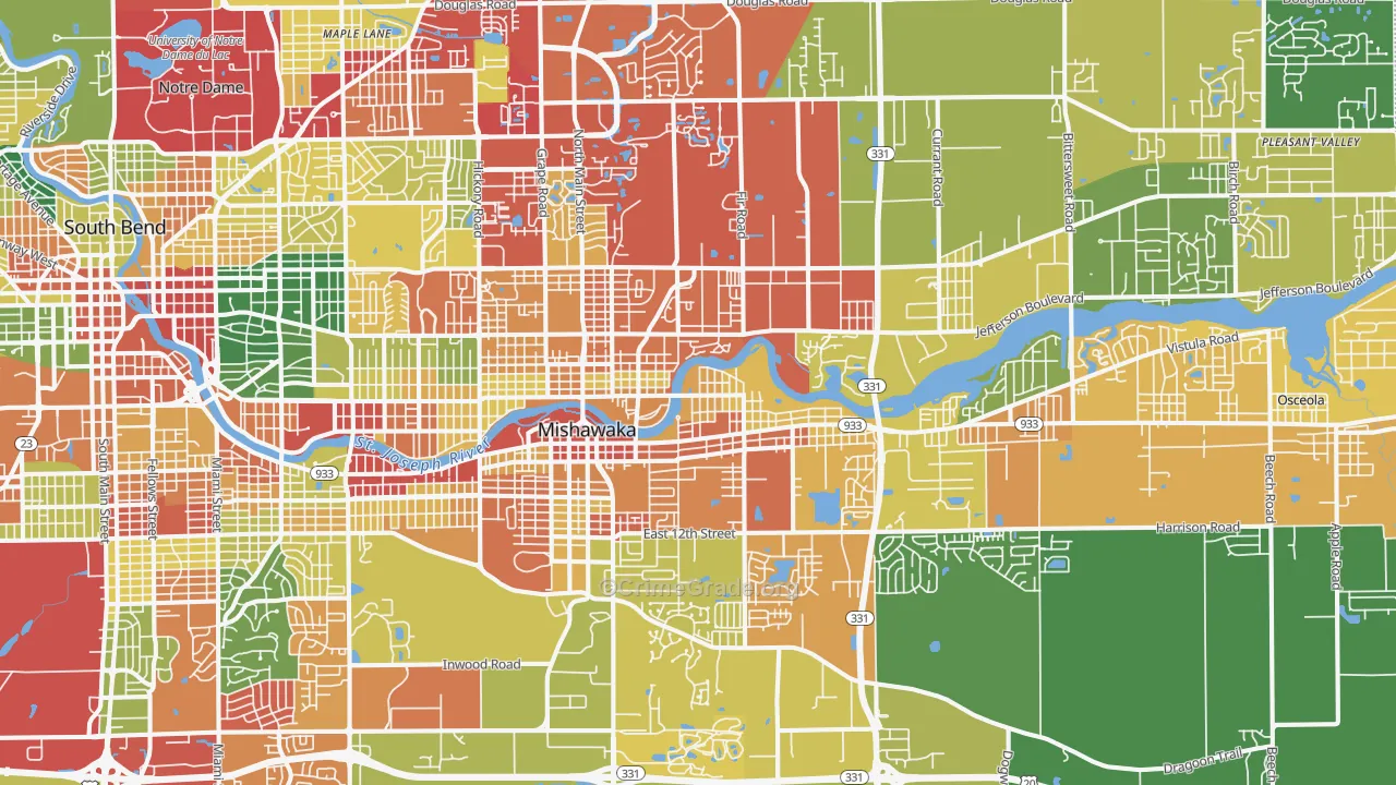 Mishawaka, IN Map of Theft Rates