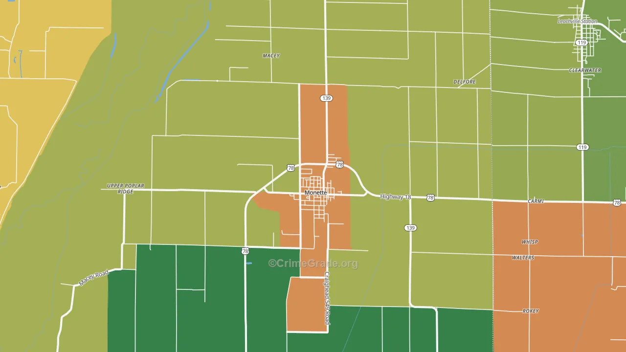 Monette, AR Map of Theft Rates