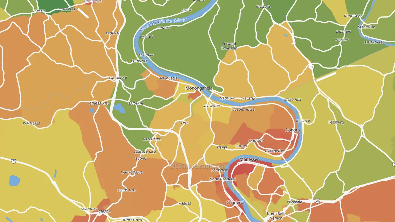 Monongahela, PA Map of Theft Rates