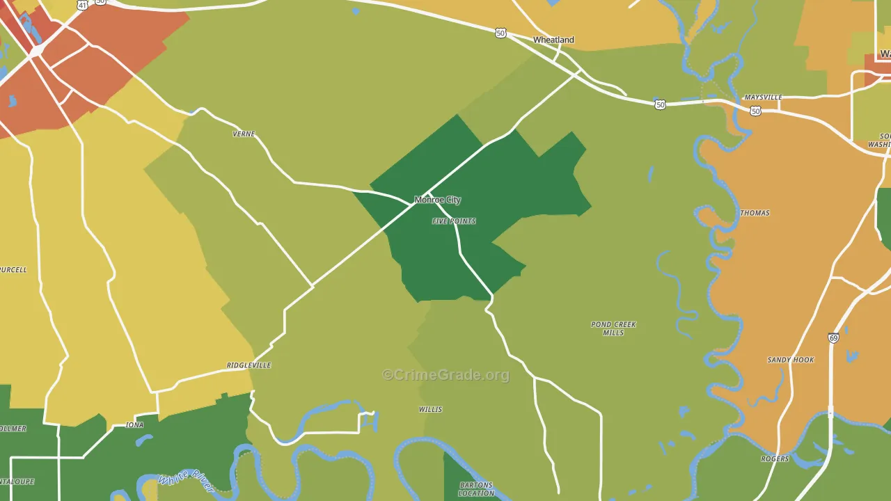 Monroe City, IN Map of Theft Rates