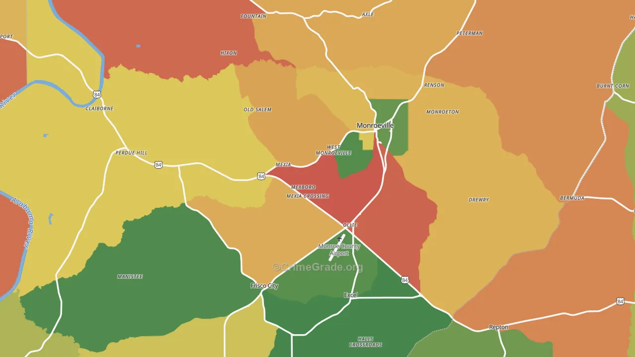 Monroe County, AL Map of Theft Rates