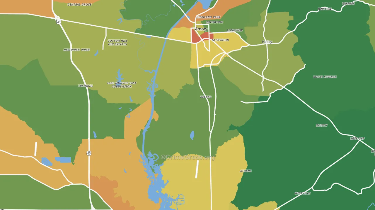Monroe County, MS Map of Theft Rates