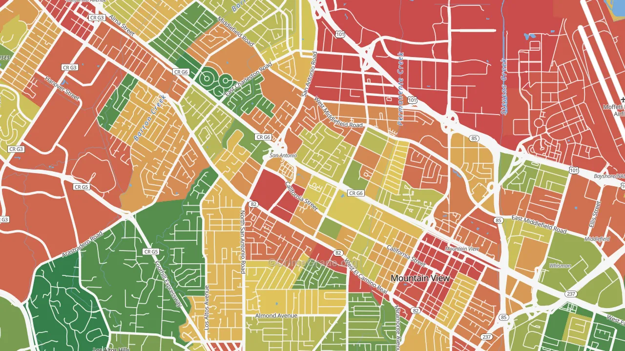 Monta Loma, Mountain View, CA Map of Theft Rates