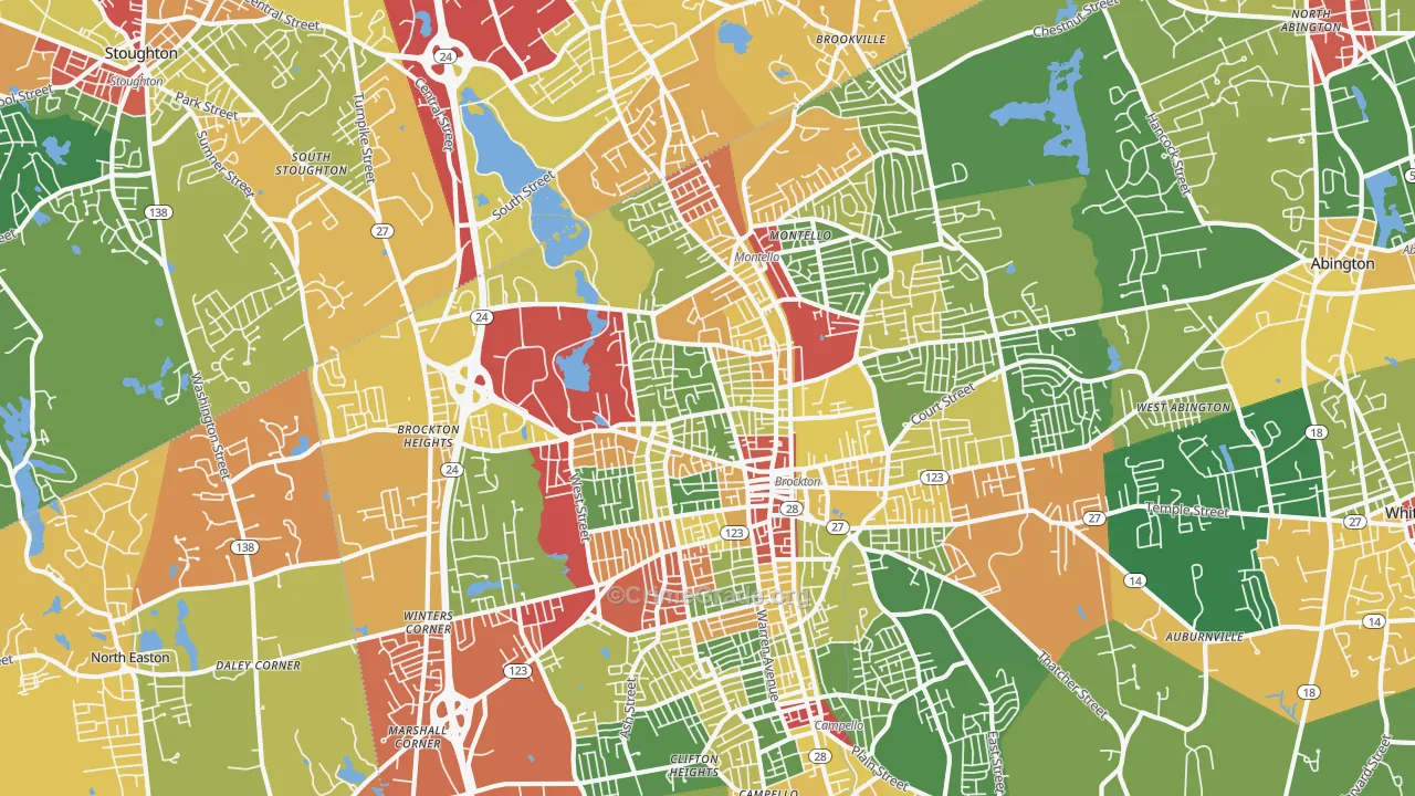 Montello, Brockton, MA Map of Theft Rates