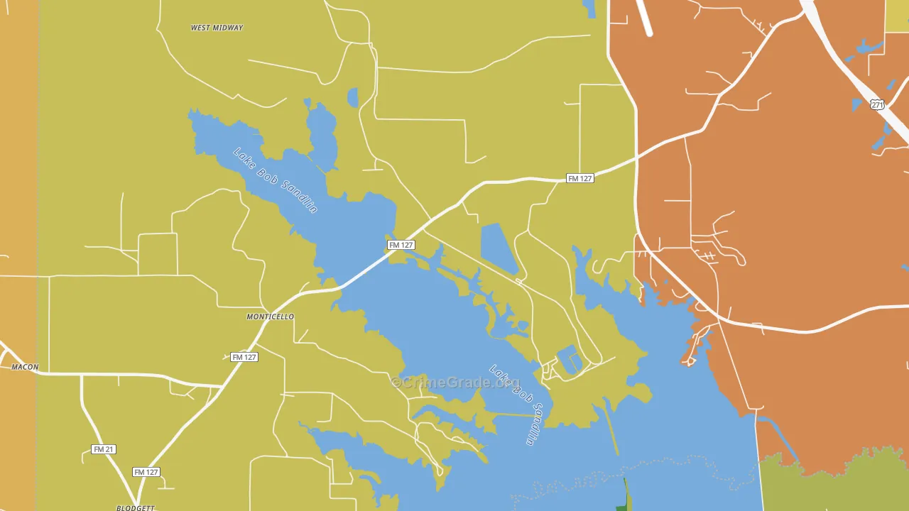 Monticello, TX Map of Theft Rates