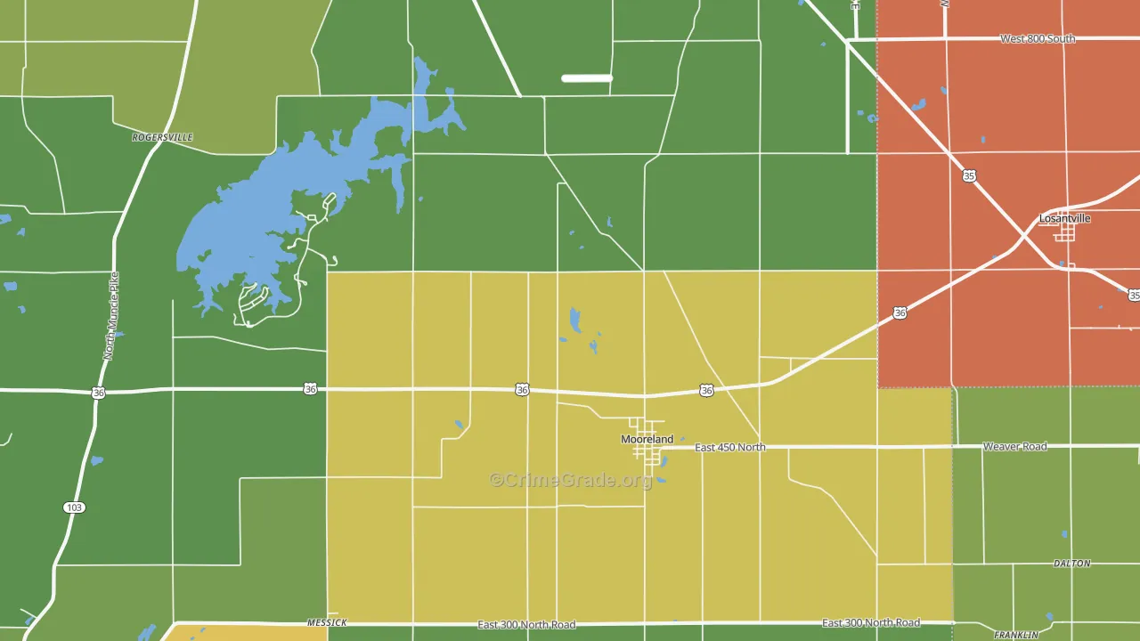Mooreland, IN Map of Theft Rates