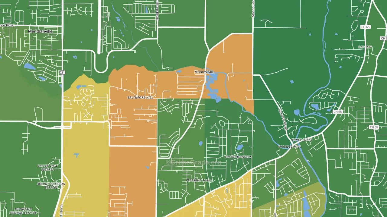 Moores Mill, AL Map of Theft Rates
