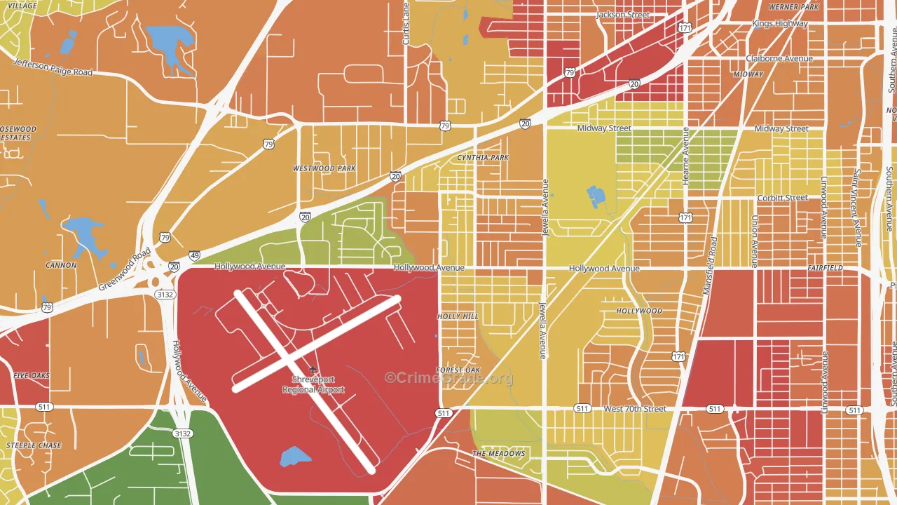 Mooretown and Hollywood Heights, Shreveport, LA Map of Theft Rates