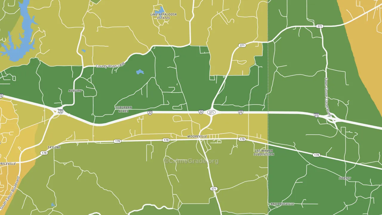 Mooreville, MS Map of Theft Rates