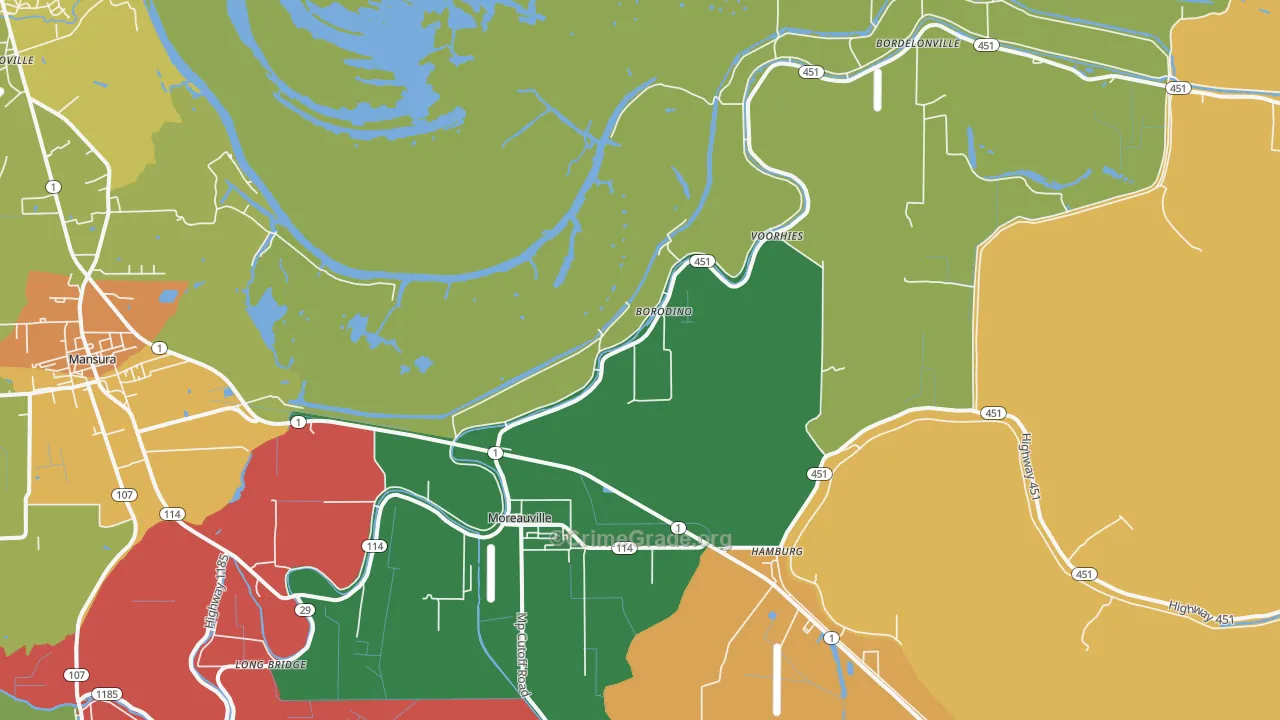Moreauville, LA Map of Theft Rates