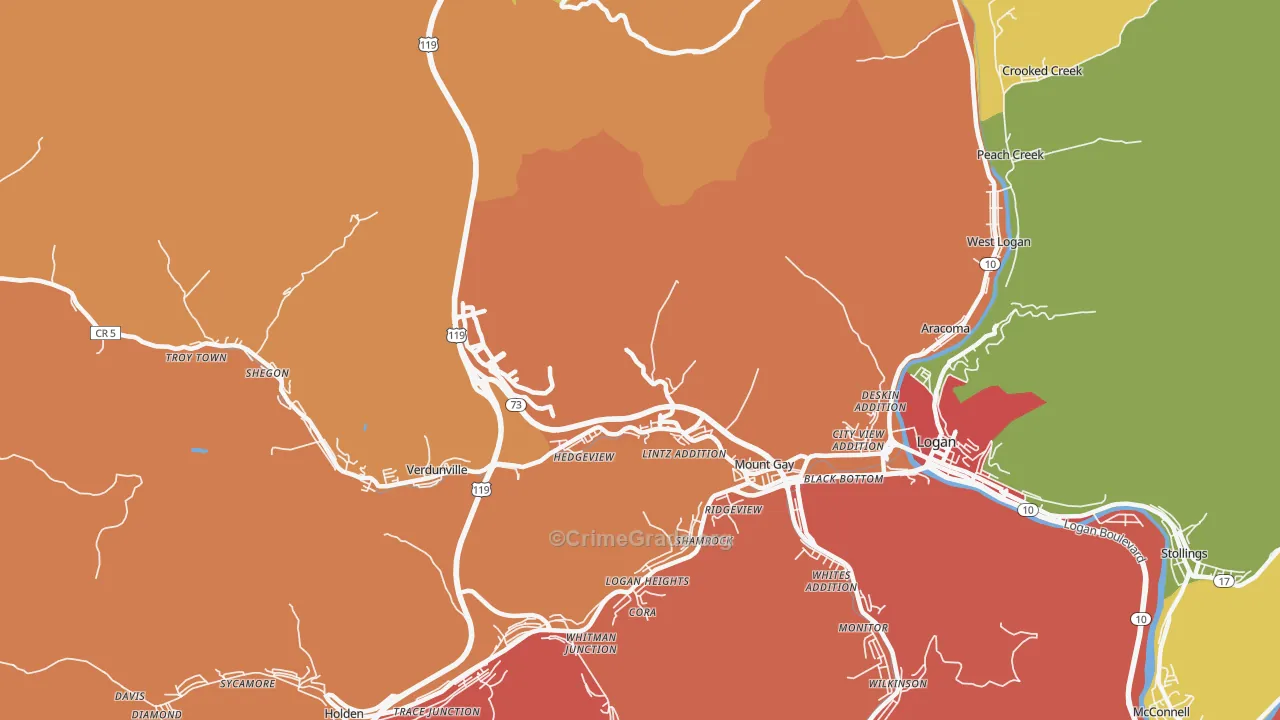 Mount Gay, WV Map of Theft Rates