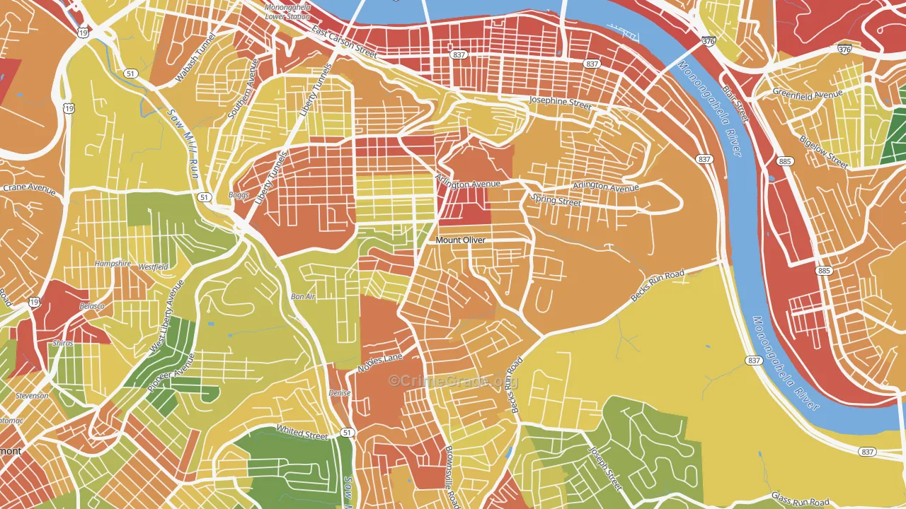 Mount Oliver, PA Map of Theft Rates