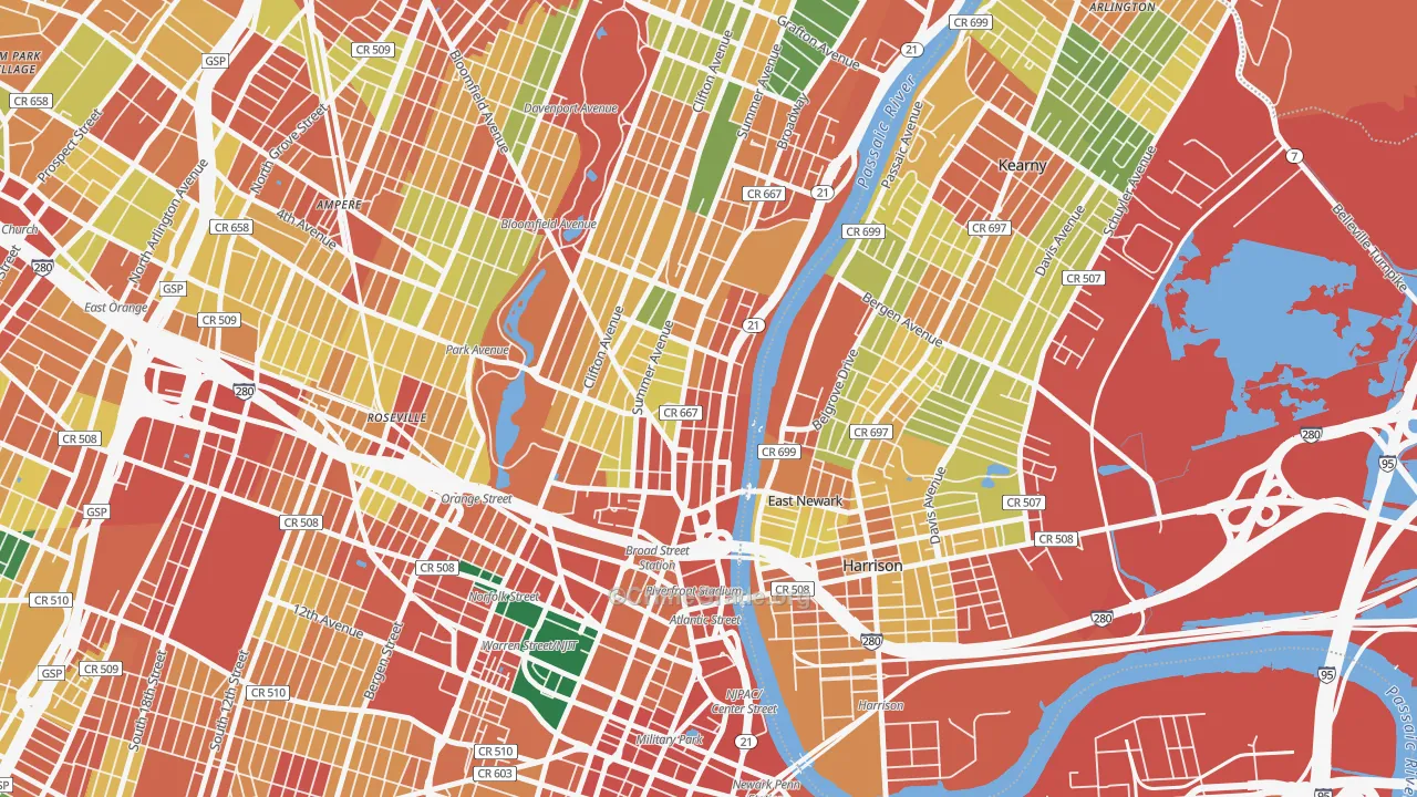 Mount Pleasant-Lower Broadway, Newark, NJ Map of Theft Rates