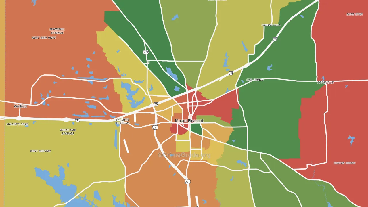 Mount Pleasant, TX Map of Theft Rates