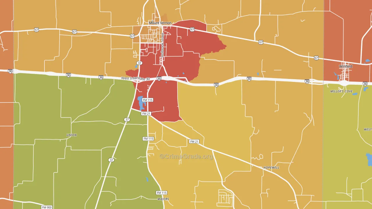 Mount Vernon, TX Map of Theft Rates