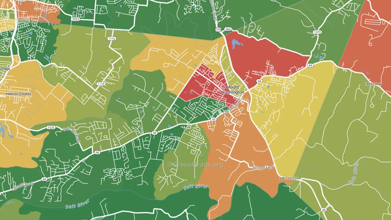 Mount Washington, KY Map of Theft Rates