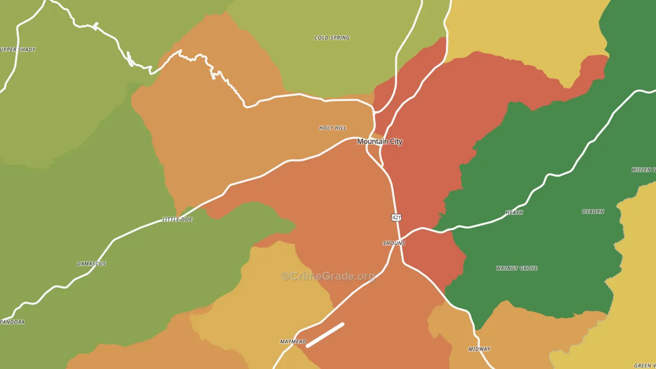 Mountain City, TN Map of Theft Rates