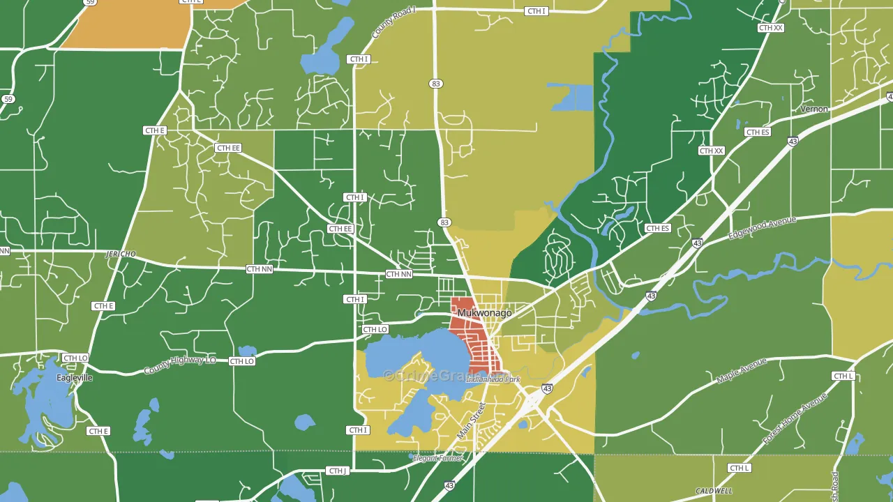 Mukwonago, WI Map of Theft Rates