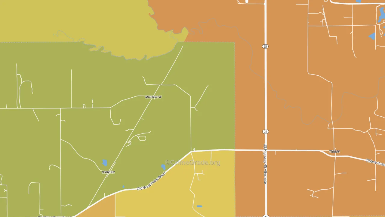 Muldrow, MS Map of Theft Rates
