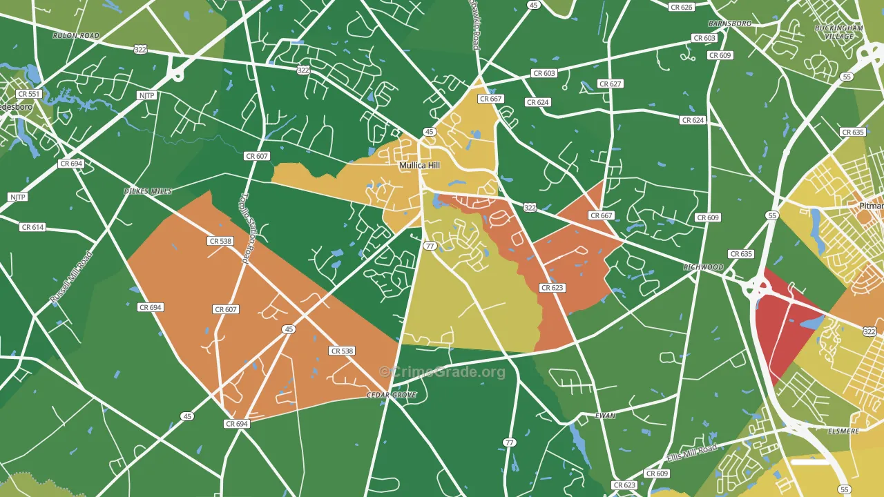 Mullica Hill, NJ Map of Theft Rates