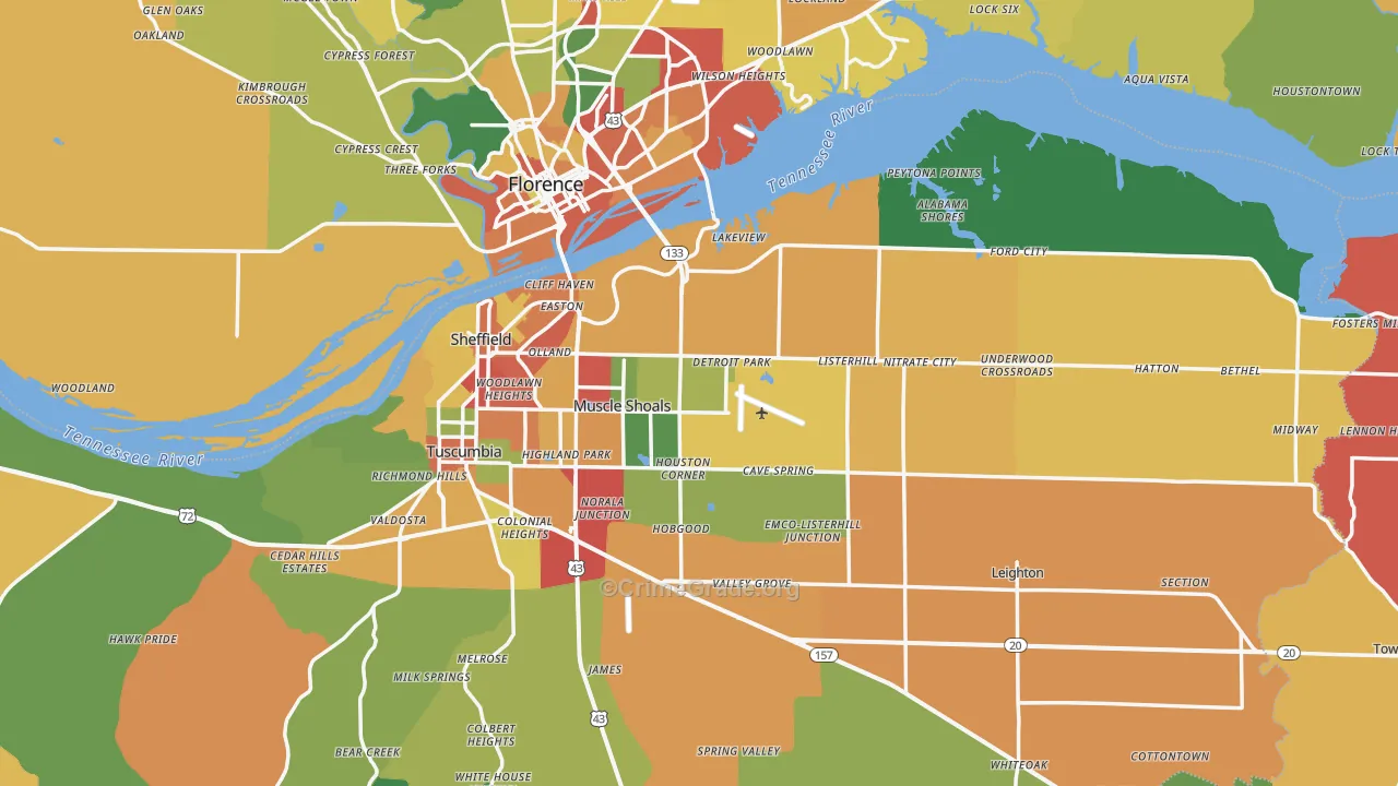 Muscle Shoals, AL Map of Theft Rates