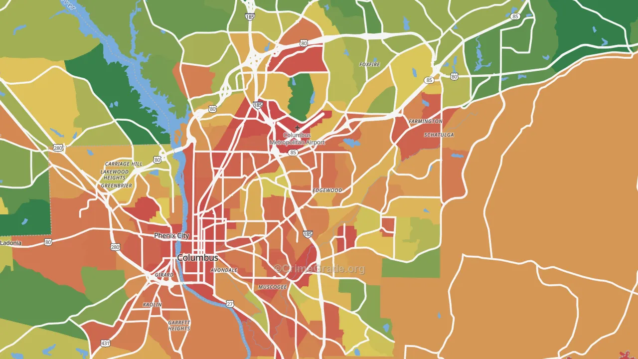 Muscogee County, GA Map of Theft Rates