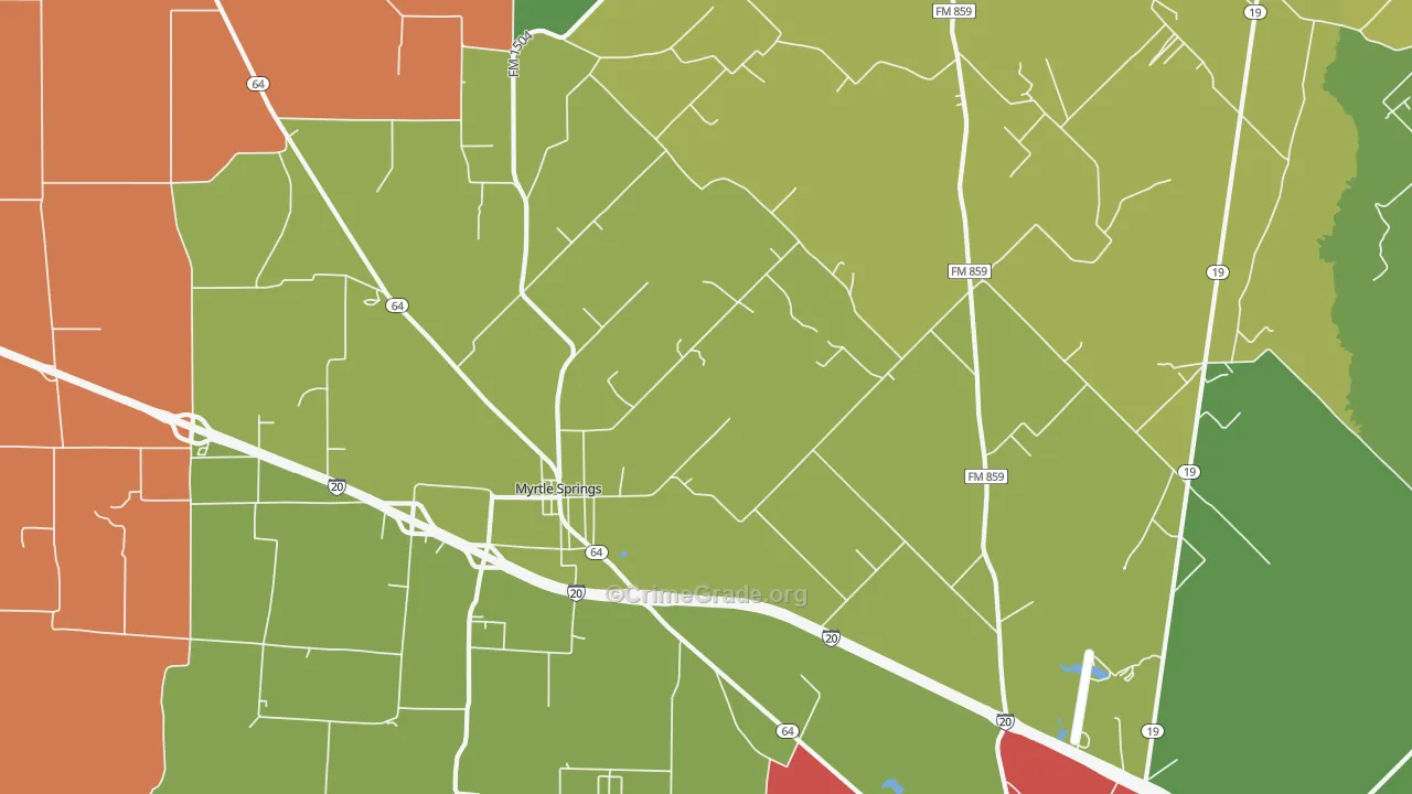 Myrtle Springs, TX Map of Theft Rates
