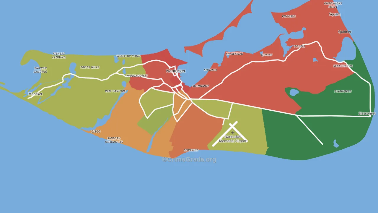 Nantucket County, MA Map of Theft Rates