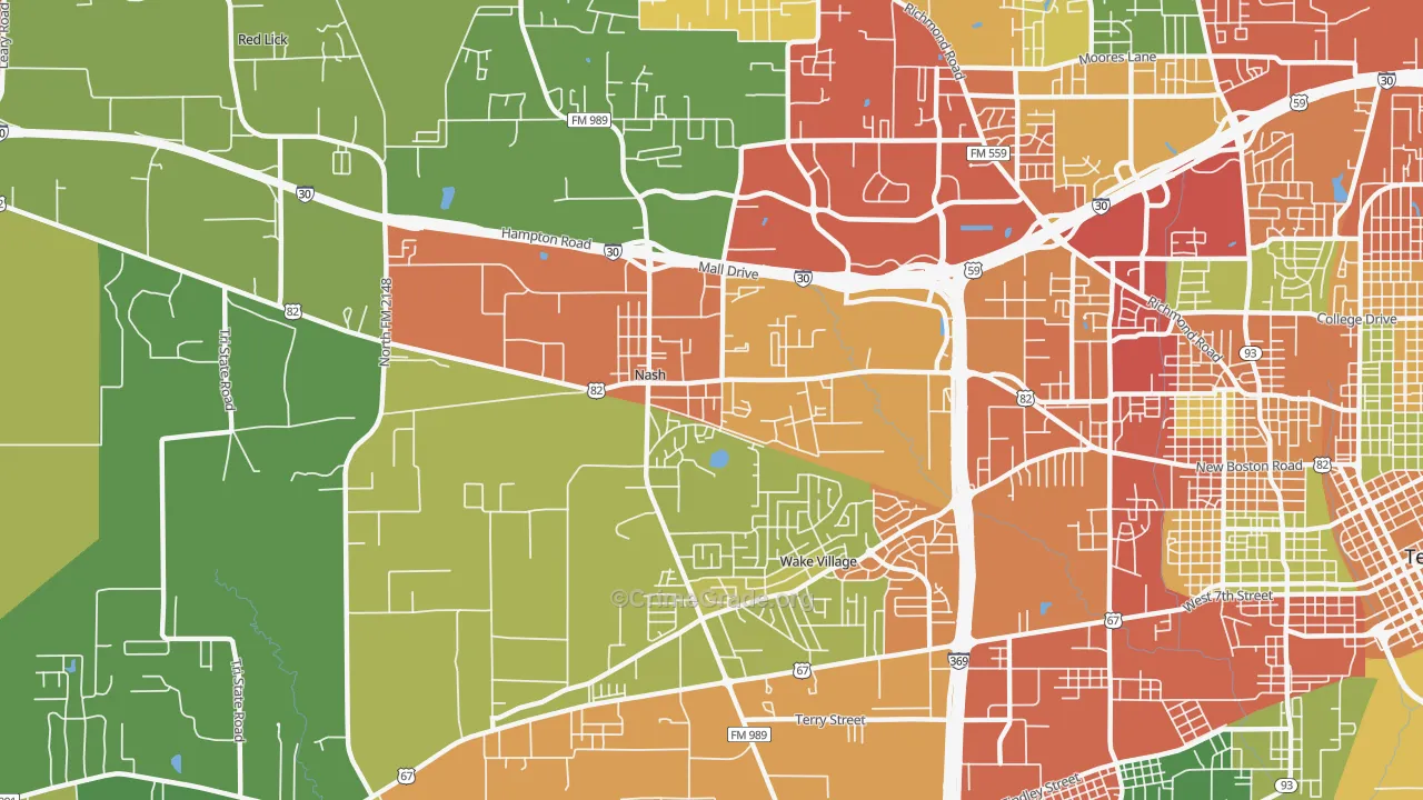 Nash, TX Map of Theft Rates