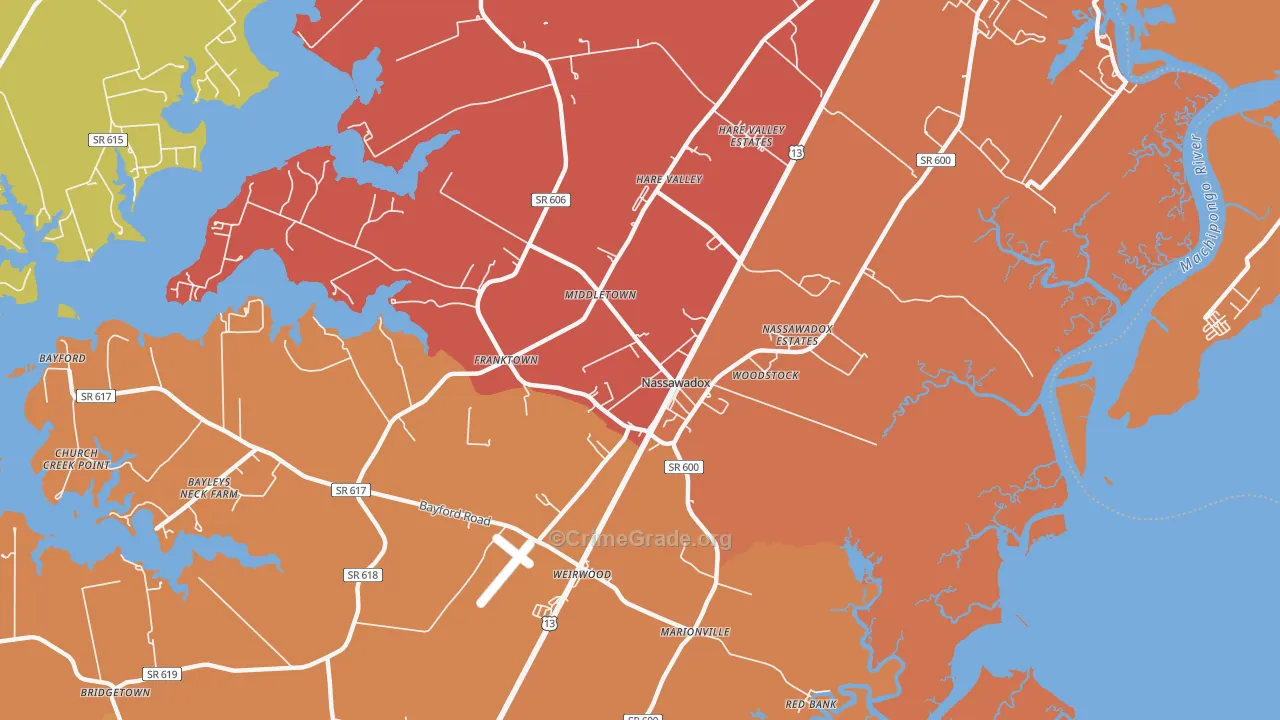 Nassawadox, VA Map of Theft Rates