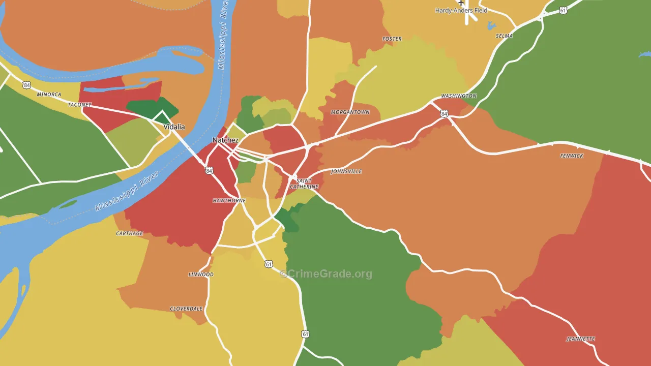 Natchez, MS Map of Theft Rates