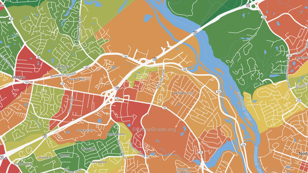 National Hills, Augusta, GA Map of Theft Rates