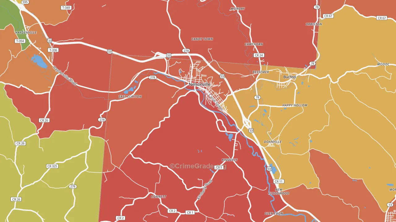 Nelsonville, OH Map of Theft Rates