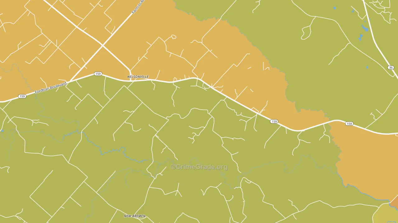 Nelsonville, TX Map of Theft Rates