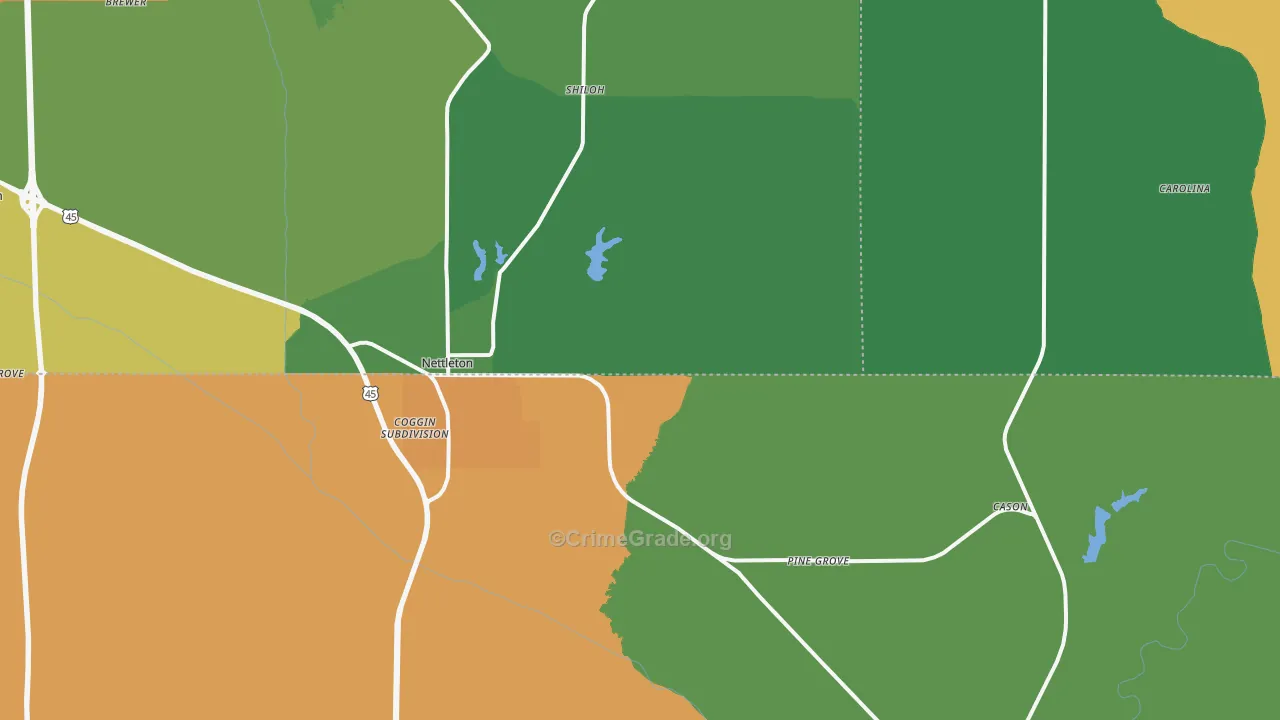 Nettleton, MS Map of Theft Rates