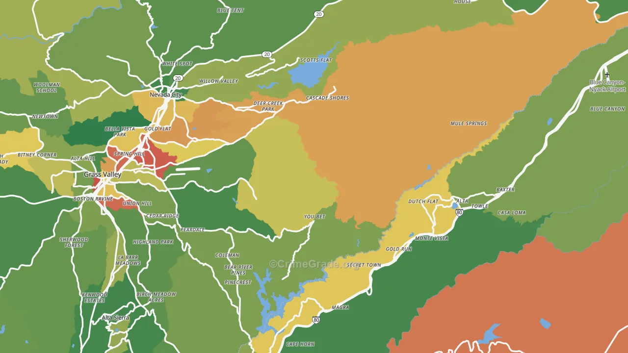 Nevada County, CA Map of Theft Rates