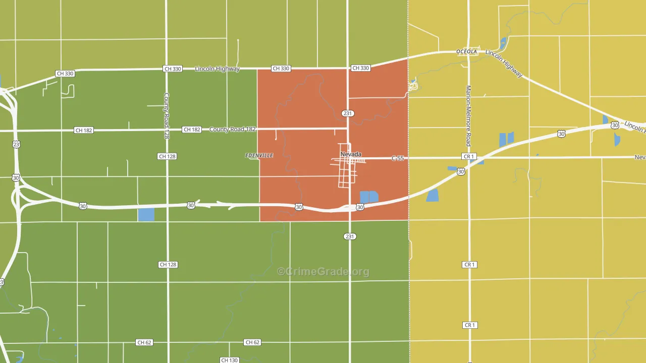 Nevada, OH Map of Theft Rates
